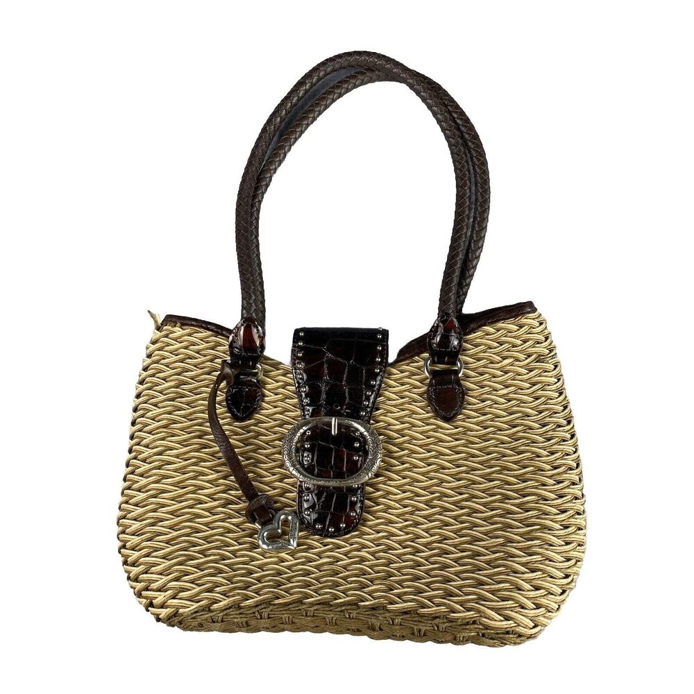 Brighton Woven Straw Crossbody Bag with Dark Brown Croc Trim